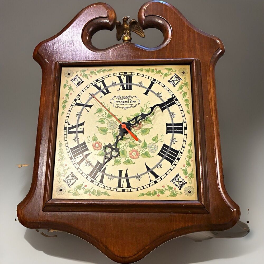 Vintage New England Clock Company Hanging Wall Clock, Roman Floral